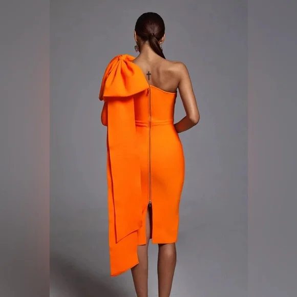 Long Bow Topped Draped Cap Sleeve Orange One Shoulder Bandage Dress - Picture 6 of 6